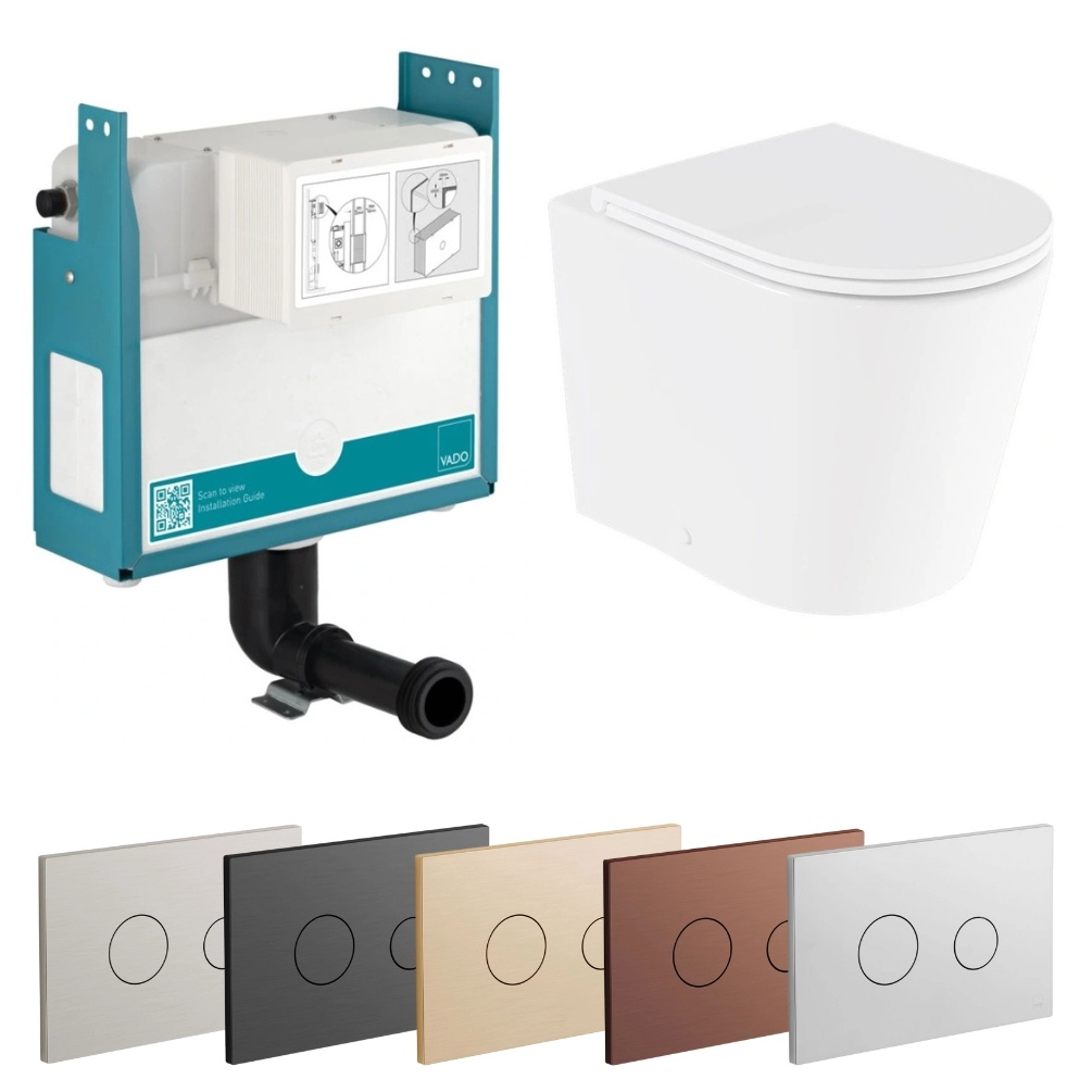 Cut out image of the Vado Cameo Round Rimless Back to Wall Toilet with Short Concealed Cistern & Flush Plate Pack